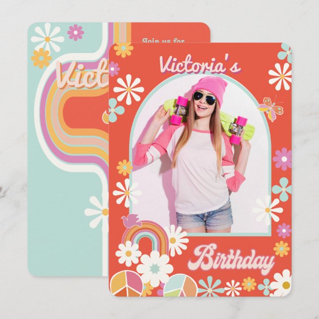 Hippie Flower Power Photo Graduation Invitation (Devant / Derrière)