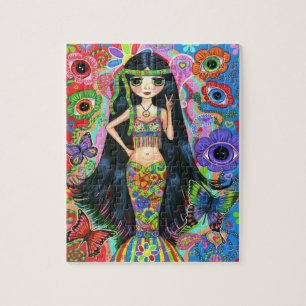 Hippie Mermaid Girl au Puzzle des fleurs des yeux