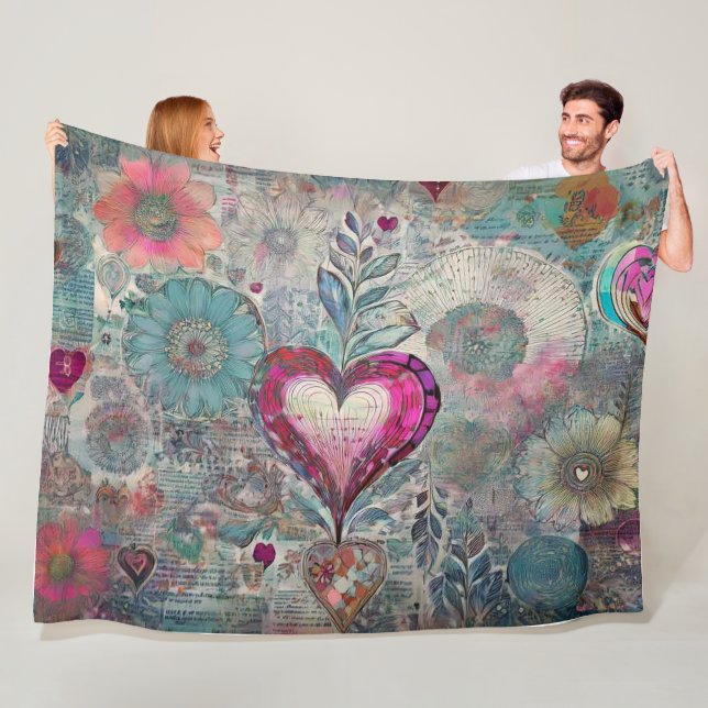 Hippie rétro : Couverture en polaire Coeur Rose (En situation)