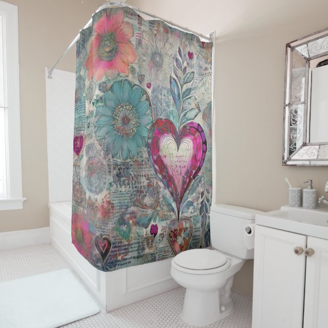Hippie rétro : Rideau de douche de coeur rose (En situation)