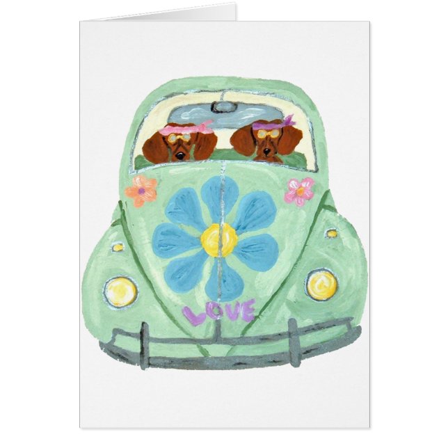 Hippies Dachshunds Dans Leur Voiture Fleur D'amour (Devant)
