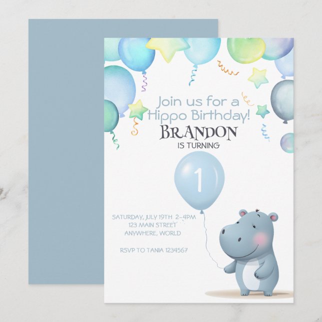 Hippo Anniversaire doux bleu simple invitation (Devant / Derrière)