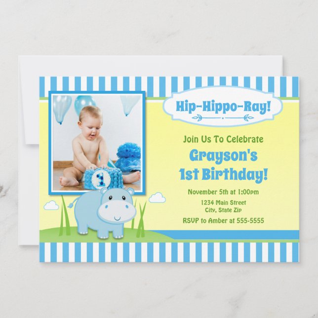 Hippo Invitation d'anniversaire, Hippo Boy bleu (Devant)