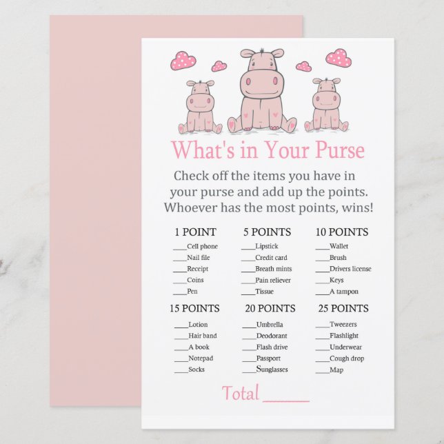Hippo rose Qu'y a-t-il dans votre sac à main (Devant / Derrière)