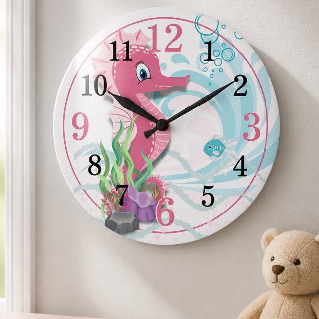 Hippocampe bébé | Horloge murale rose pour chambre (Créateur téléchargé)