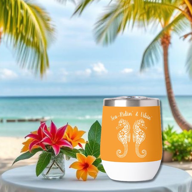 Hippocampe-pêcheur Core-Hawaïen-Orange (Sea Horses-Fisherman Core-Beach tumbler, Summer tumbler-wine tumbler-Orange)