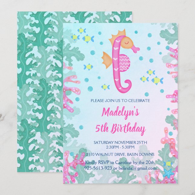 Hippocampe sous la mer Invitation Anniversaire (Devant / Derrière)