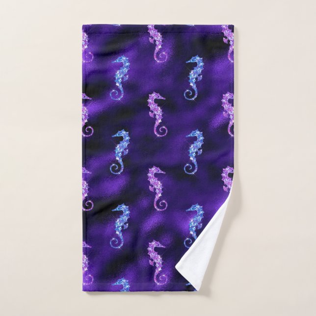 Hippocampes Océan Glamour Violet Feuille et Paille (Serviette à main)