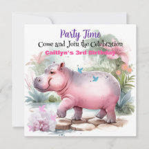Hippopotame et papillon Invitation d'anniversaire