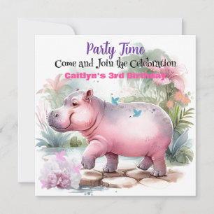 Hippopotame et papillon Invitation d'anniversaire