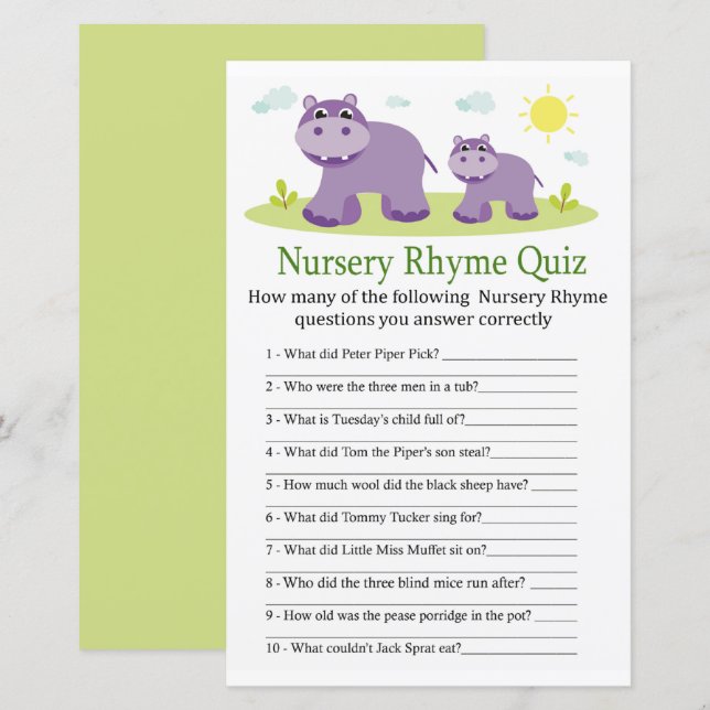 Hippopotamus Nursery Rhyme Quiz jeu de baby shower (Devant / Derrière)
