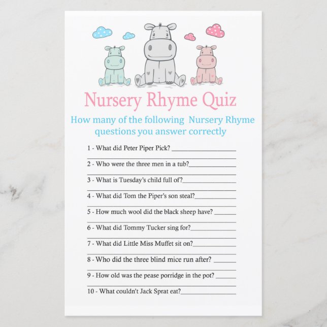 Hippopotamus Nursery Rhyme Quiz jeu de baby shower (Devant)