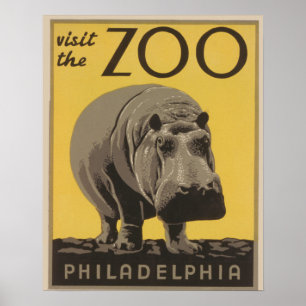 Hippopotamus Vintage WPA Zoo Poster Hippo Art