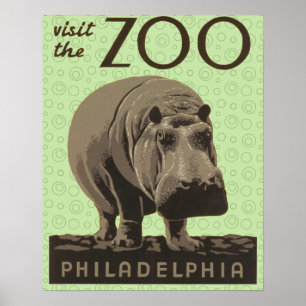 Hippopotamus Vintage WPA Zoo Poster Hippo Art