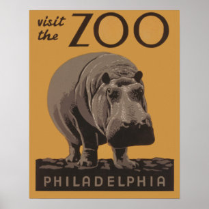 Hippopotamus Vintage WPA Zoo Poster Hippo Art