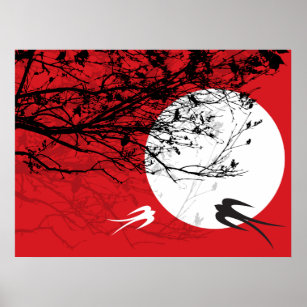 Hirondelles Orientales Dans Lune Zen Rouge Poster