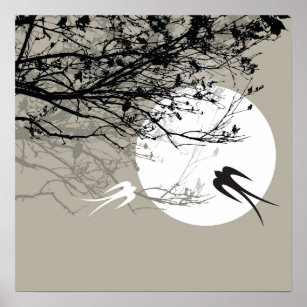 hirondelles orientales en clair de lune Poster Zen