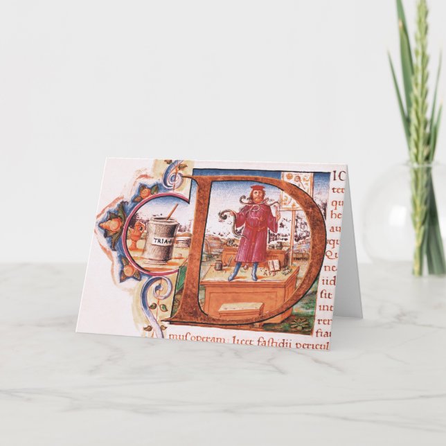 Historiated initial 'D' depicting an apothecary (Devant)