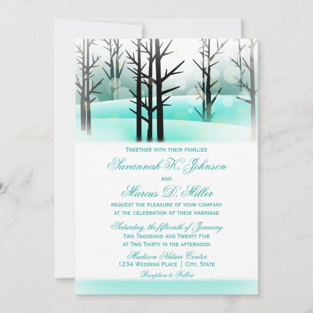 Hiver Aqua Bois Arbres Mariages Invitations (Devant)