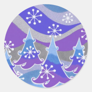Hiver arbres bleu rond autocollant