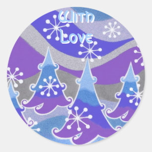Hiver Arbres bleu 'With Love' autocollant rond