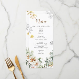 Hiver Blanc Floral Pine Trees Mariage Menu Card