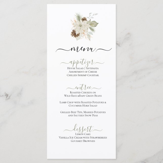 Hiver Blanc Thème Floral Illustration plat Menu (Devant)
