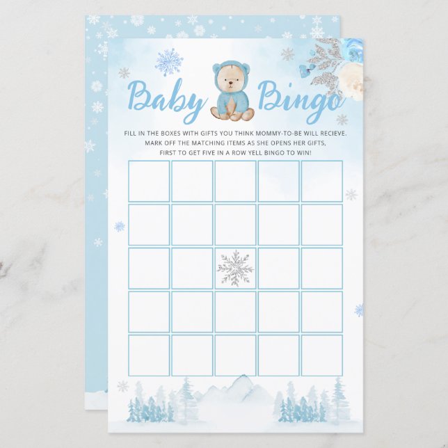 Hiver Bleu Aquarelle Bingo Baby shower Jeu (Devant / Derrière)