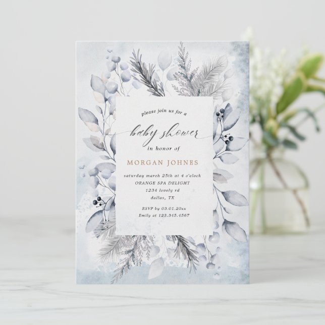 Hiver Bleu Élégant Baby shower Floral Invitation (Debout devant)