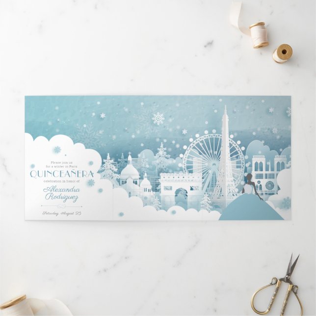 Hiver bleu glace à Paris Quinceañera Tri-Fold Invi (Extérieur)