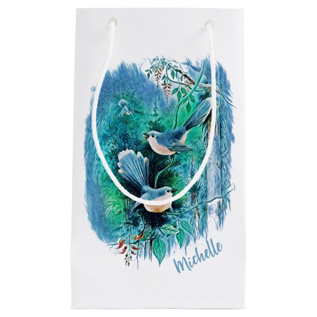 Hiver Bleu Oiseaux Peinture Petite Sac Cadeau (Devant)