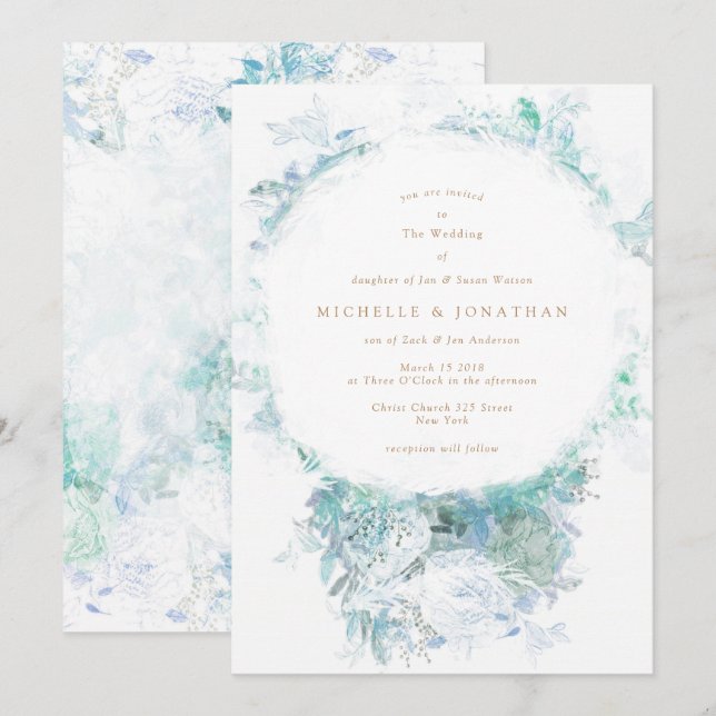 Hiver Blue Green Flowers Boho Faire-part de mariag (Devant / Derrière)