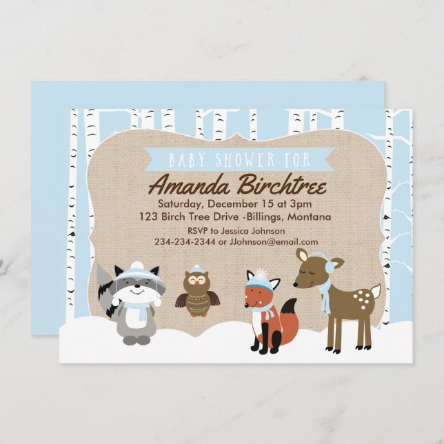 Hiver Bois Animaux Baby shower Invitation | Bleu (Devant / Derrière)
