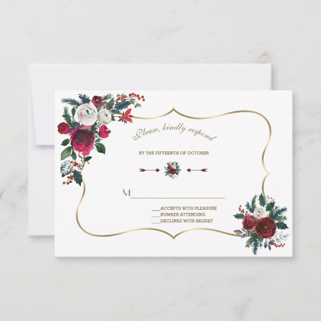 Hiver Bourgogne Floral Pine Gold Mariage RSVP (Devant)