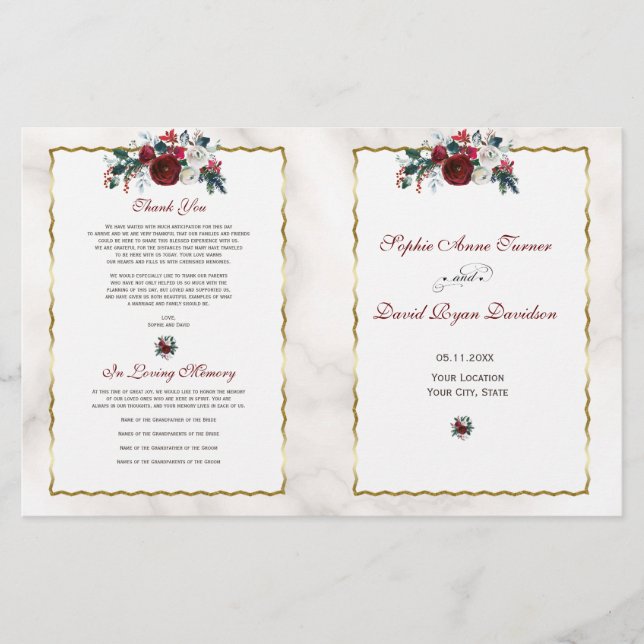 Hiver Bourgogne Floral Pine Gold Wedding Programme (Devant)