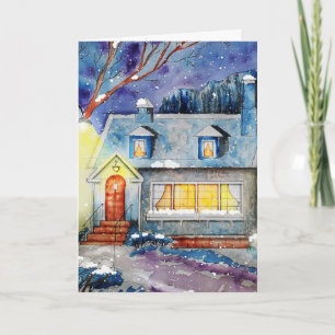 HIVER COTTAGE NEIGE ART BLANC GREETING CARTE