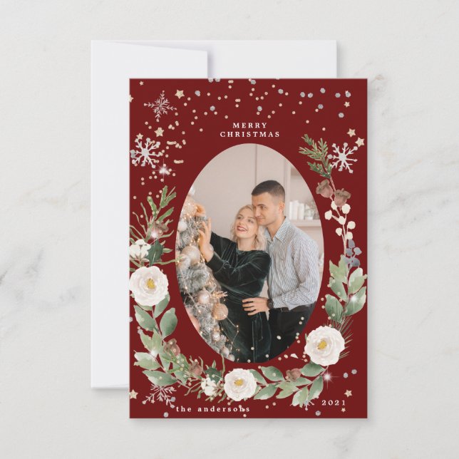 hiver fleurie wreath photo joyeuse carte de vacanc (Devant)