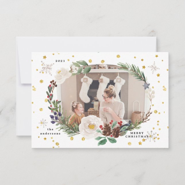 hiver fleurie wreath photo joyeuse carte de vacanc (Devant)