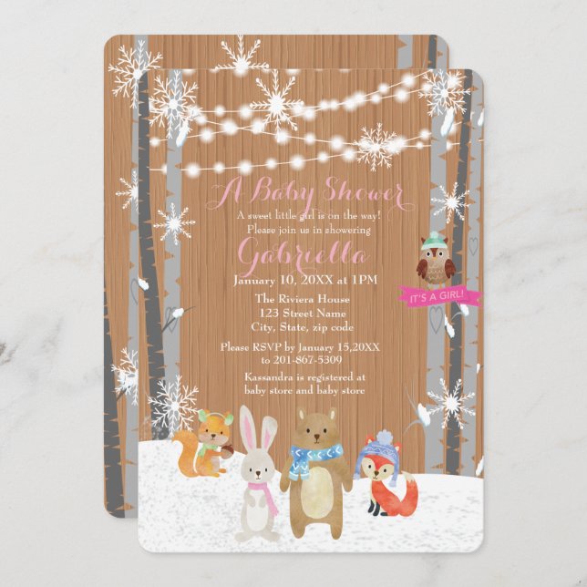 Hiver Forêt de Bois Bébé Fille Douche Invitation (Devant / Derrière)