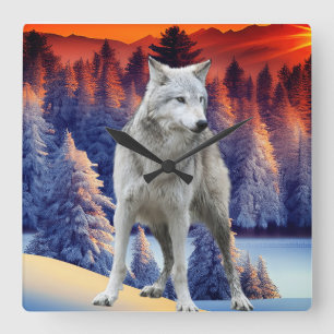 Hiver Forêt Sunrise Thème Carré Horloge murale
