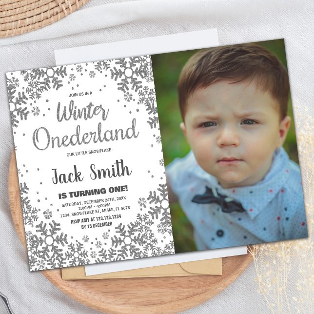 Hiver Invitations ONEderland Parties scintillant d (Winter ONEderland Invitations Silver Glitter Photo)