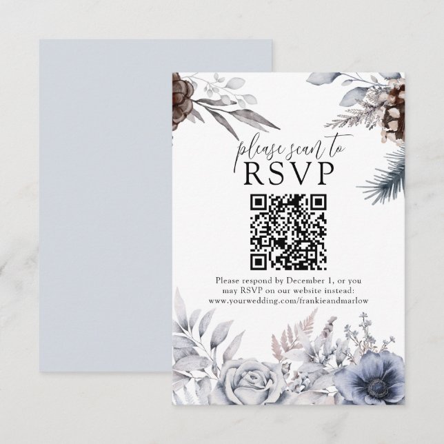 Hiver Mariage Pine Cone QR Site Web Carte RSVP (Devant / Derrière)