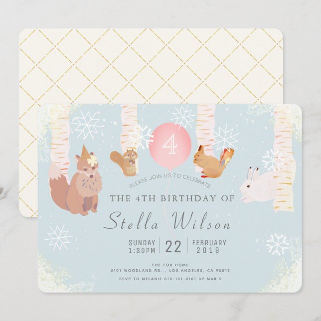 Hiver Neige Bois Animaux Anniversaire Invitation (Devant / Derrière)