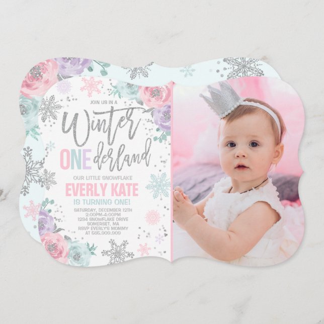 Hiver ONE derland Anniversaire Invitation Argent r (Devant / Derrière)