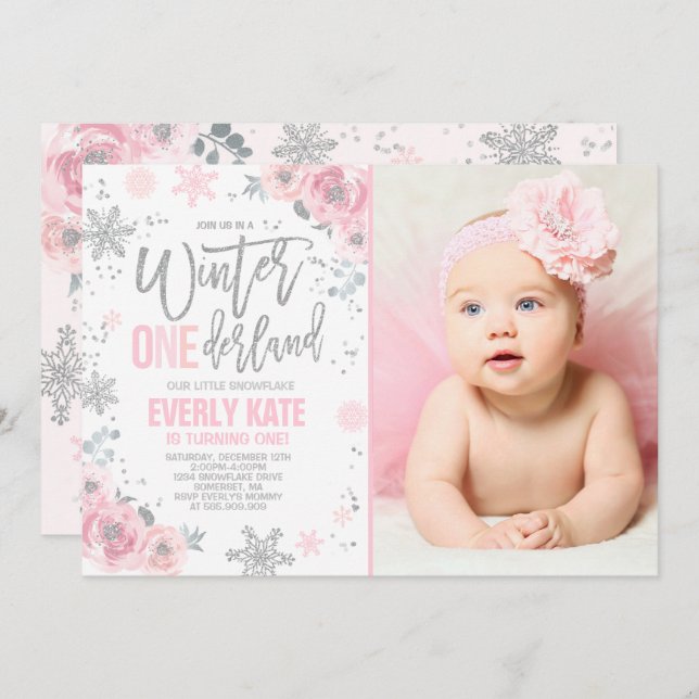 Hiver ONE derland Anniversaire Invitation Argent r (Devant / Derrière)
