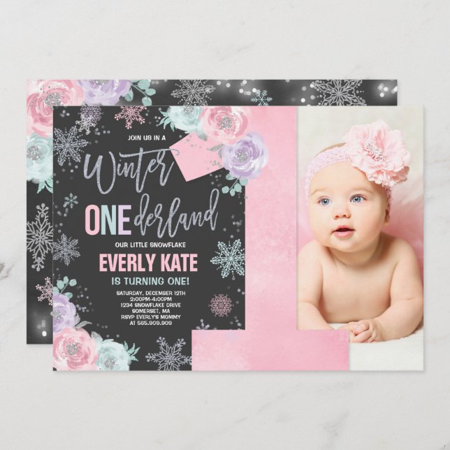Hiver ONE derland Anniversaire Invitation Argent r (Devant / Derrière)