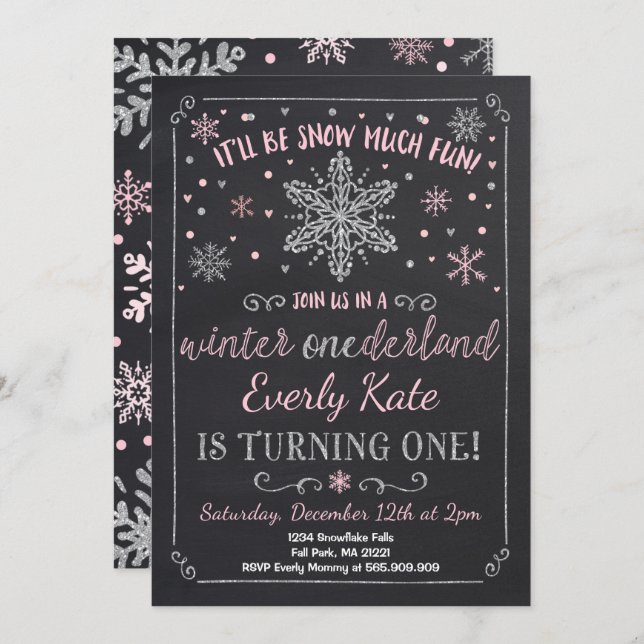 Hiver ONE derland Anniversaire Invitation Argent r (Devant / Derrière)