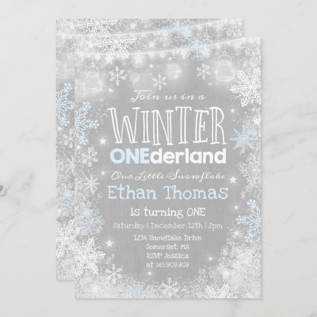 Hiver ONE derland Anniversaire Invitation Bleu Bla (Devant / Derrière)