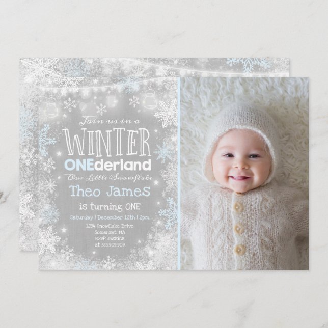Hiver ONE derland Anniversaire Invitation Bleu Bla (Devant / Derrière)