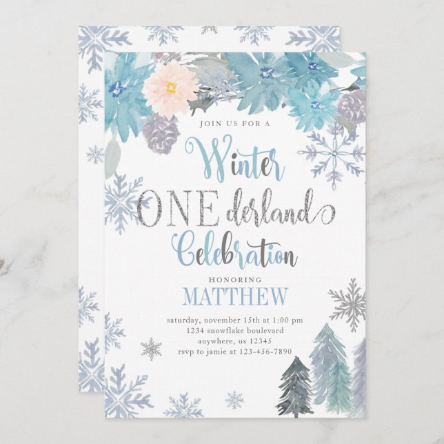 Hiver ONE derland Anniversaire Invitation Blue Boy (Devant / Derrière)